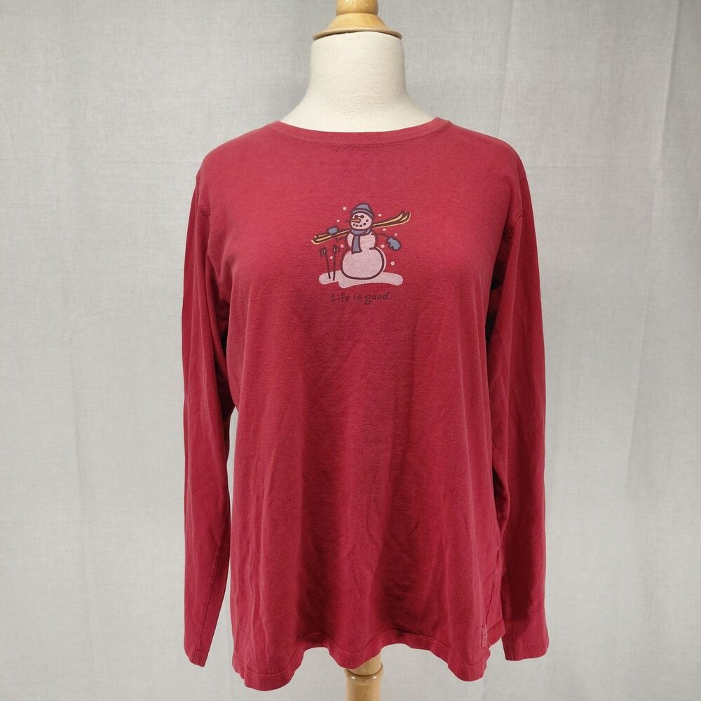 Life Is Good Snowman w/ Skis Red LS T-Shirt Sz XL